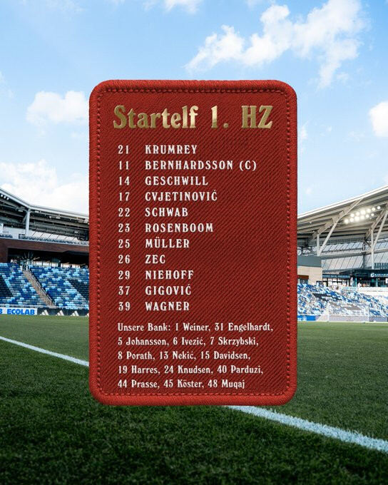 Starting XI for Holstein Kiel: 21 Krumrey, 11 Berhardsson (C), 14 Geschwill, 17 Cvjetinović, 22 Schwab, 23 Rosenboom, 25 Müller, 26 Zec, 29 Niehoff, 37 Gigović, 39 Wagner -- subs: 1 Weiner, 31 Engelhardt, 5 Johansson, 6 Ivezić, 7 Skrzybski, 8 Porath, 13 Nekić, 15 Davidsen, 19 Harres, 24 Knudsen, 40 Parduzi, 44 Prasse, 45 Köster, 48 Muqj