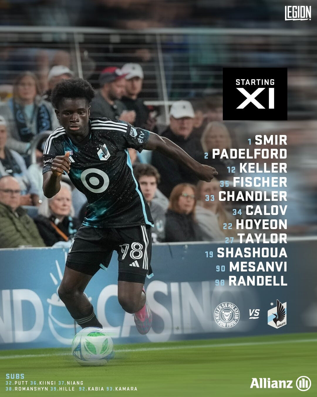 Photo of Darius Randell dribbling the ball. Text overlayed on the right lists the Starting XI: 1 Smir, 2 Padelford, 12 Keller, 35 Fischer, 33 Chandler, 34 Calov, 22 Hoyeon, 27 Taylor, 19 Shashoua, 90 Mesanvi, 98 Randell -- Lower left list subs: 32 Putt, 36 Kiingi, 37 Niang, 38 Romanshyn, 39 Hille, 92 Kabia, 93 Kamara