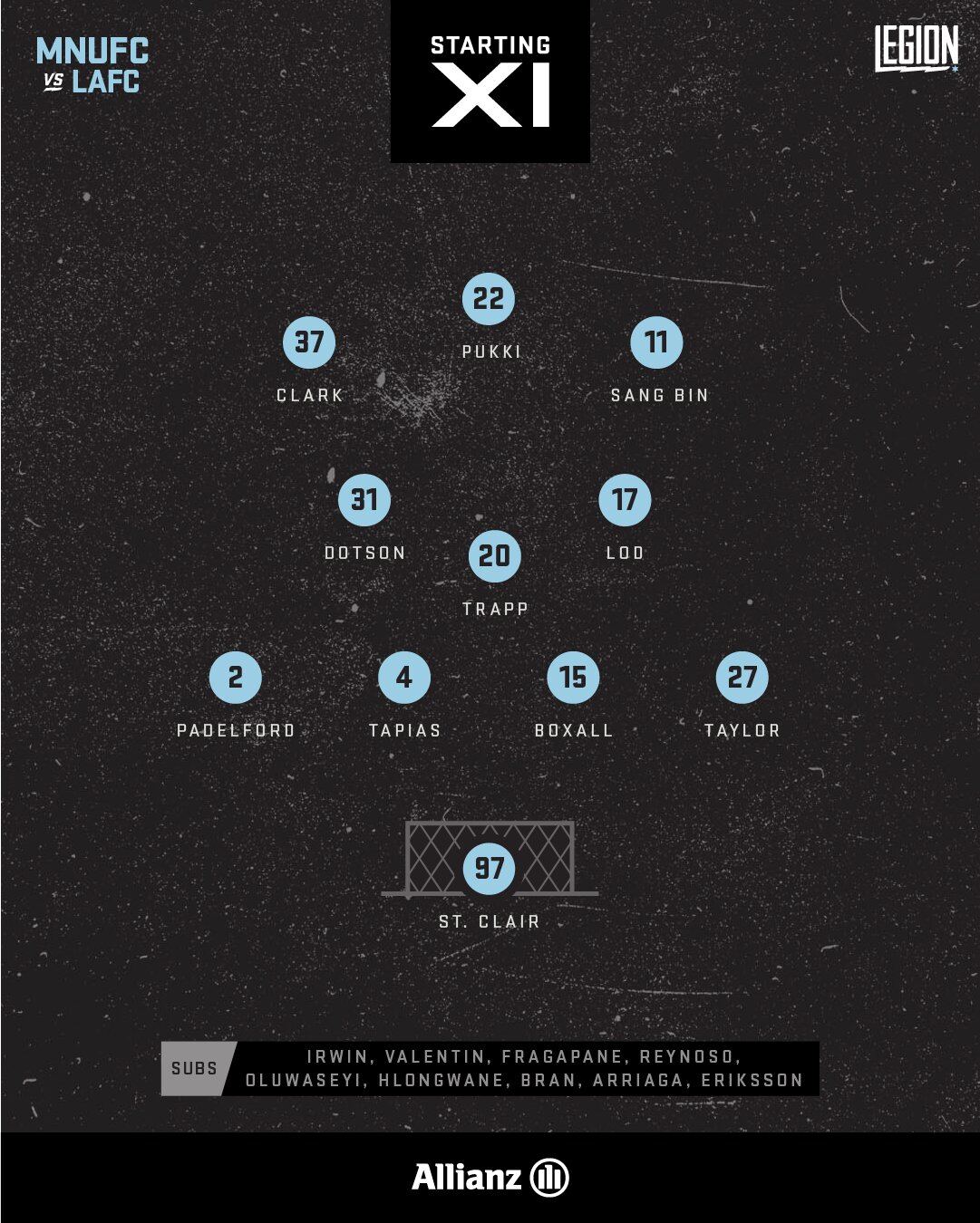 MNUFC Starting XI Front 3: Clark, Pukki, Sang Bin Mid 3: Dotson, Trapp, Lod Back 4: Padelford, Tapias, Boxall, Taylor GK: St. Clair Bench: Irwin, Valentin, Fragapane, Reynoso, Oluwaseyi, Hlongwane, Bran, Arriaga, Eriksson