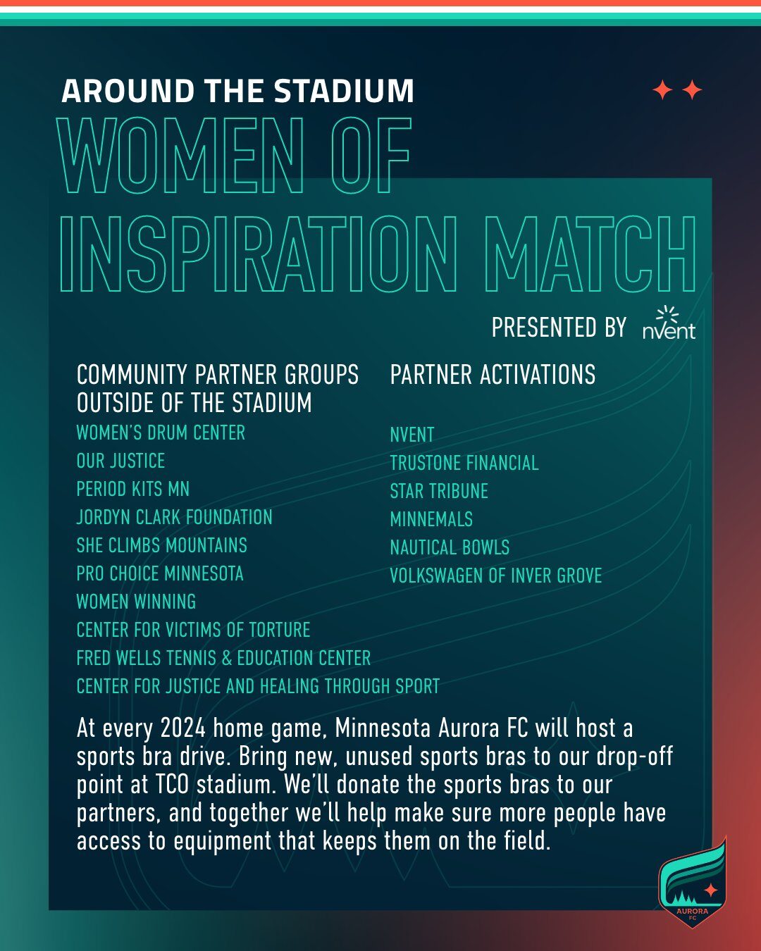 Around the Stadium: Women Of Inspiration Matchpresented by nVent Community Partner Groups Outside the Stadium: Women's Drum Center Our Justice Period Kits MN Jordyn Clark Foundation She Climbs Mountains Pro Choice Minnesota Women Winning Center for Victims of Torture Fred Wells Tennis & Education Center Center for Justice and Healing Through Sport Partner Activations: nVent Trustone Financial Star Tribune Minnemals Nautical Bowls Volkswagen of Inver Grove At every 2024 home game, Minnesota Aurora FC will host a sports bra drive. Bring new, unused sports bras to our drop-off point at TCO stadium. We'll donate the sports bras to our partners, and together we'll help make sure more people have access to equipment that keeps them on the field.