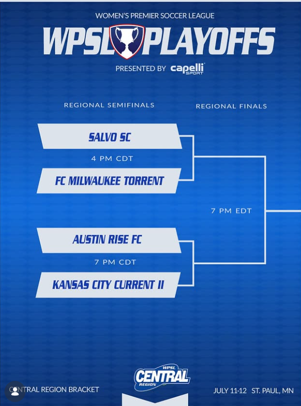 Hosts Salvo play Milwaukee Torrent at 4pm, then KC Current II play Austin Rise at 7pm on Saturday. The Final is at 7pm on Sunday.