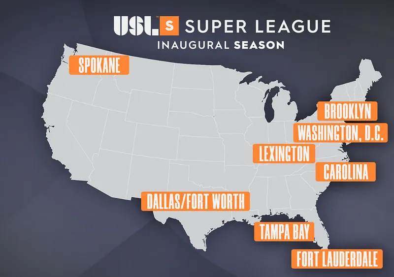 The inaugural season of USL Super League will see teams in Spokane, Brooklyn, Washington DC, Lexington, Charlotte, NC, Dallas