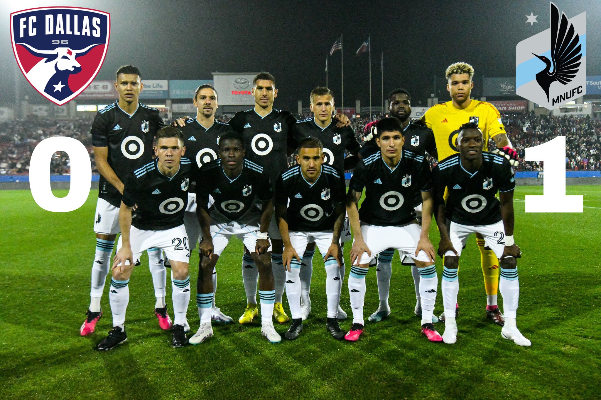 MNUFC's starters line up for a photo before kickoff. Back row from left: Arriaga, Valentin, Boxall, Lod, Lawrence, St. Clair. Front: Trapp, Hlongwane, Fragapane, Tapias, Garcia.